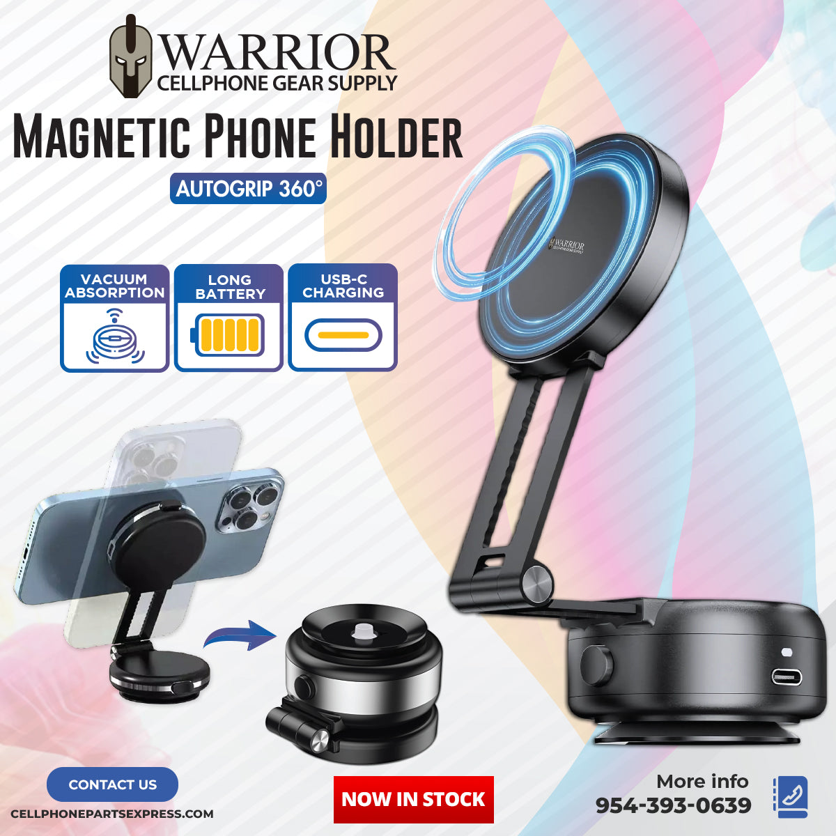 Warrior Autogrip 360° Rotating USB-C Charging Magnetic Phone Holder - Black