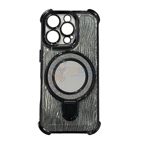 iPhone 15 Pro Max Shockproof Stand Glitter & Wavy Pattern Card Magsafe Case