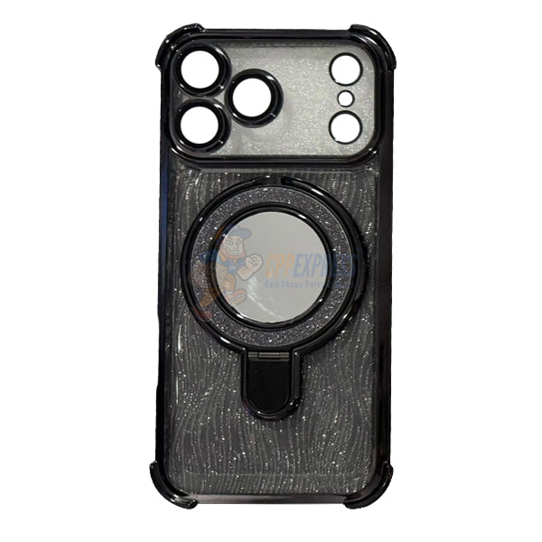iPhone 17 Pro Glitter Wavy Pattern Mirror Case with Stand ShockProof Cover
