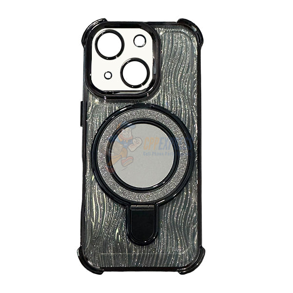 iPhone 15 Plus Shockproof Stand Glitter & Wavy Pattern Card Magsafe Case